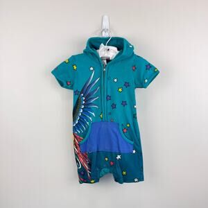 Vintage Y2K Ed Hardy Kids Hooded Teal Shortall Romper 12-18 Months